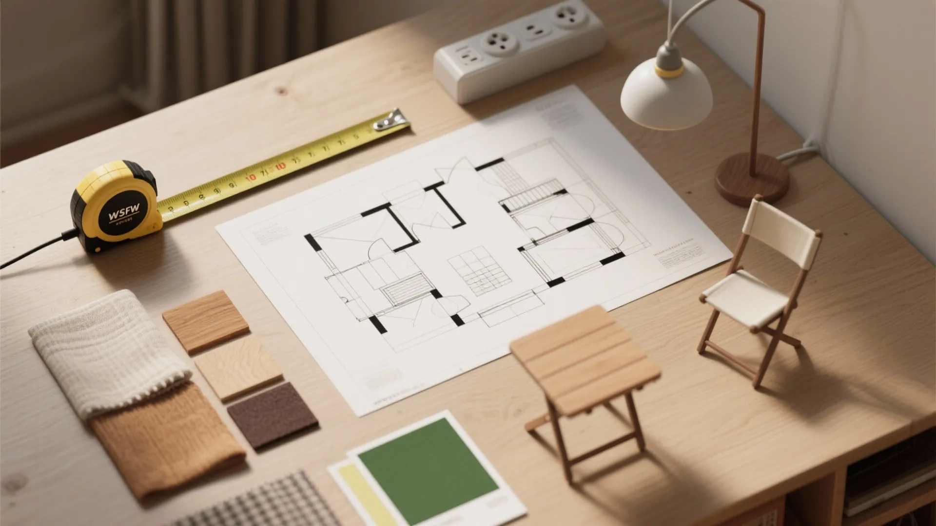 Top-down flatlay of planning tools: tape measure, floorplan sketches, material swatches and small accessories for small-space layout.