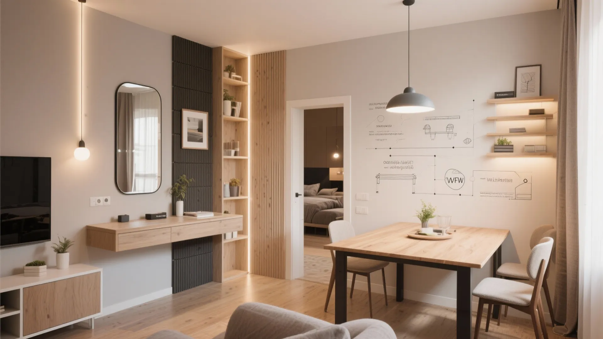 Interior design drawing with wooden dining table chairs wall light and built in shelving unit layout