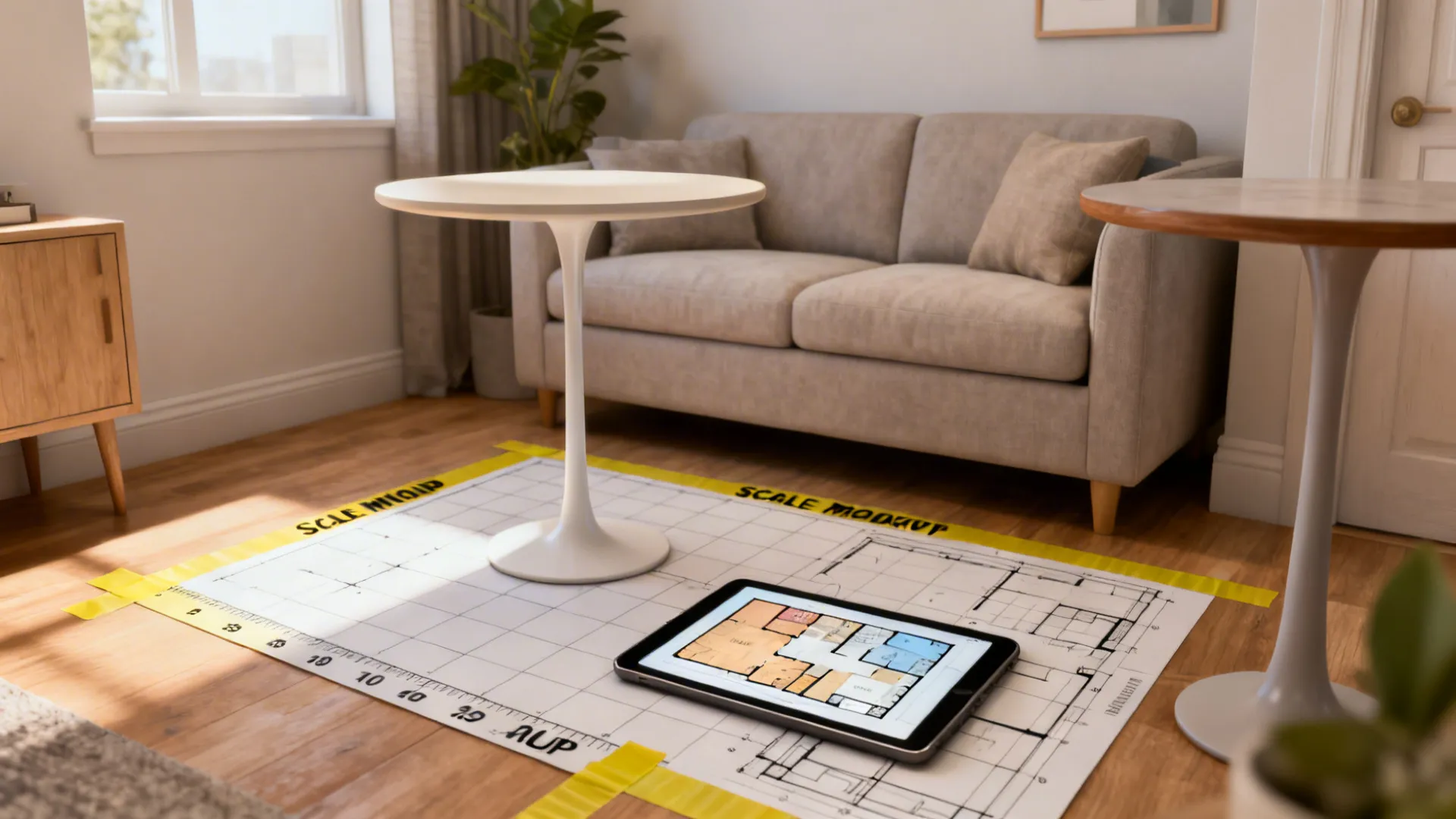 Living room staged with tape lines and a tablet showing a 3D floor planner for layout testing