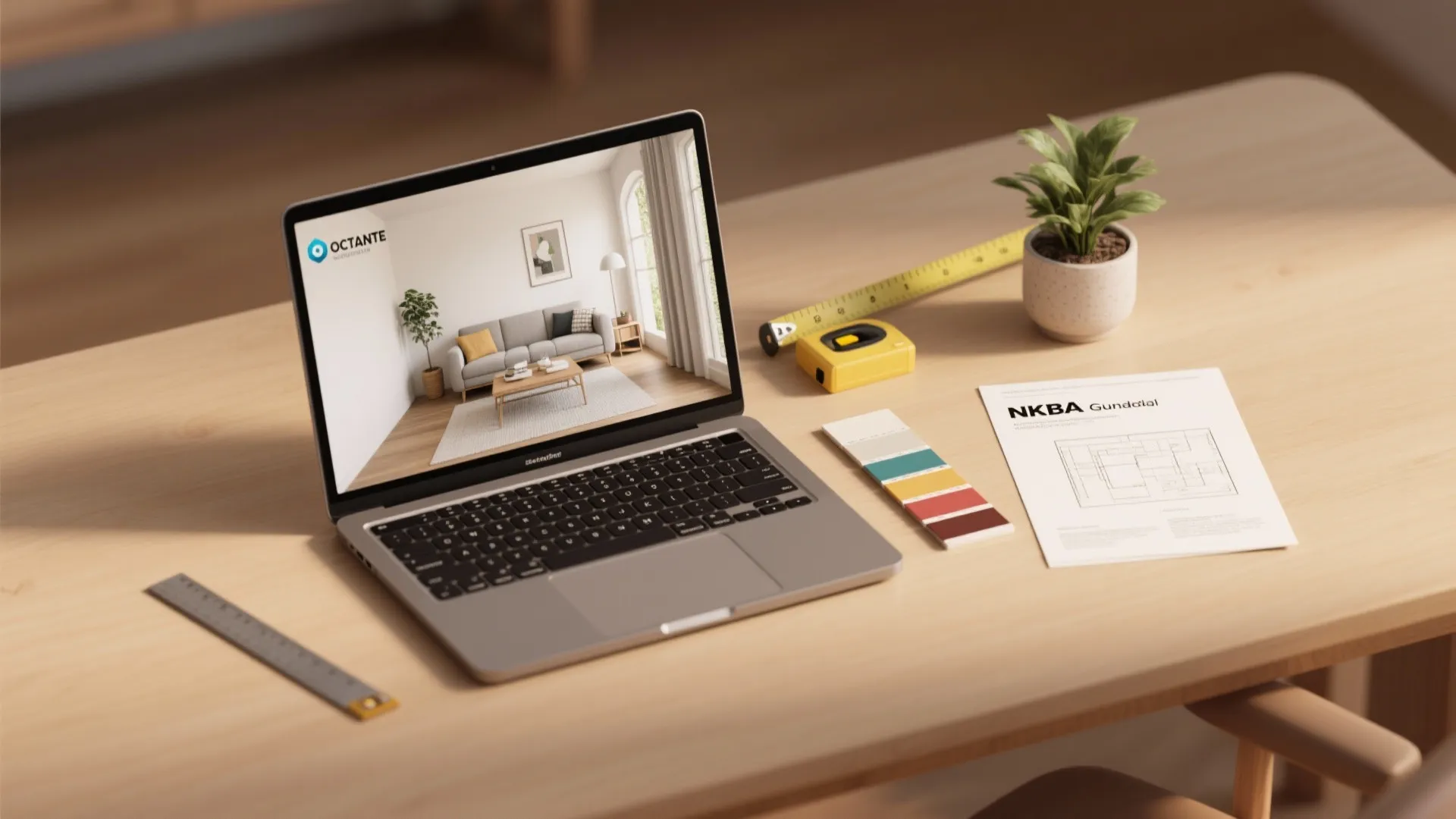 Laptop showing interior design drawing on wooden desk with measuring tape and paper floor plan