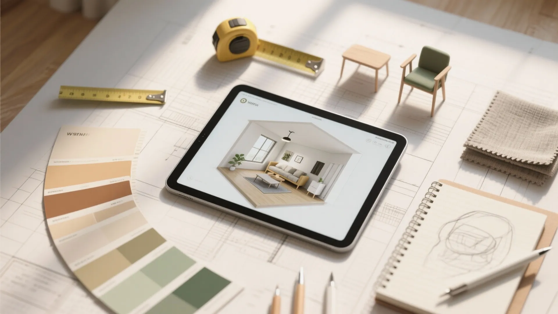 Digital tablet showing room layout design on desk with color swatches and interior design drawing