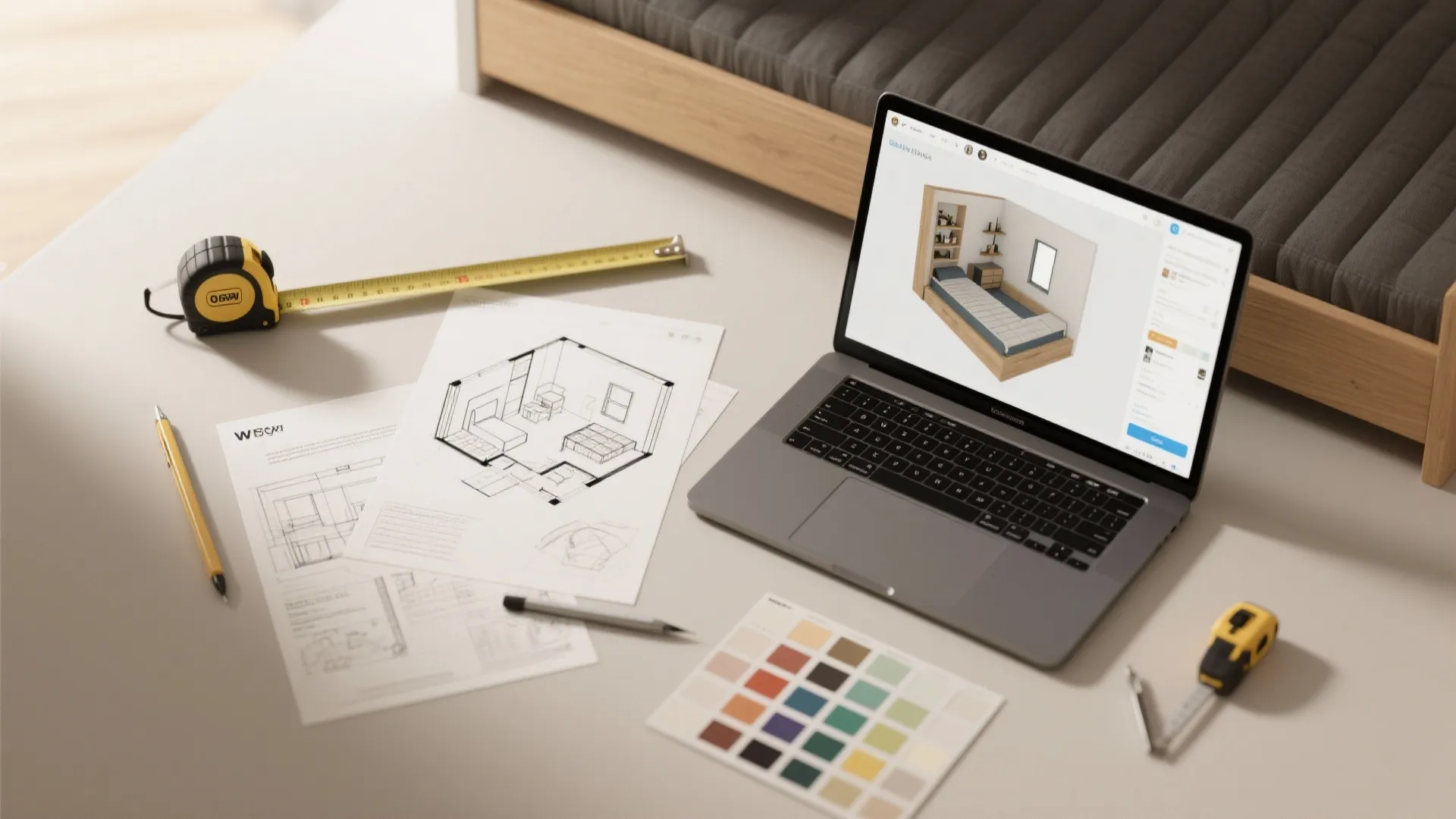 Flatlay of tape measure, sketches, 3D floorplan printouts and color swatches for planning a Murphy bed office.
