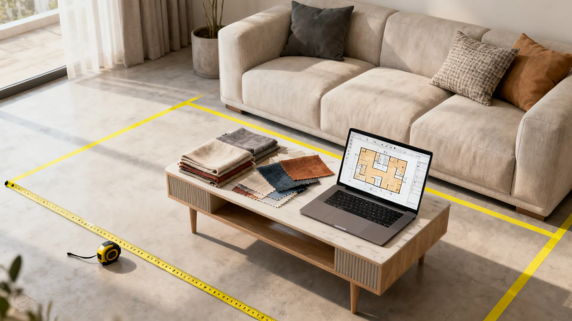 Layout planning tools with taped outlines, fabric swatches and a 3D floor planner on a laptop