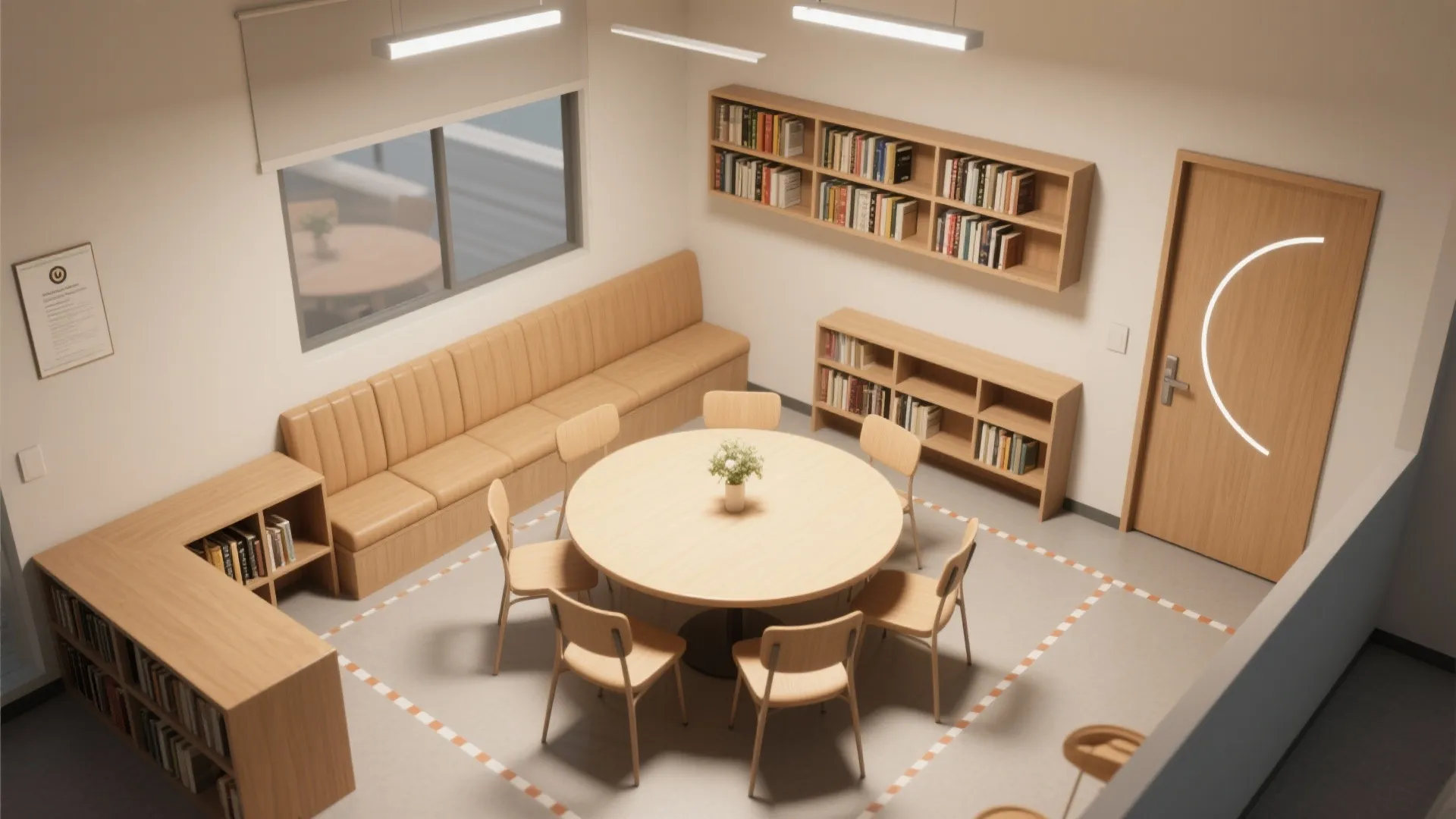 Modern library room layout with round wooden table chairs long sofa benches and several bookshelves