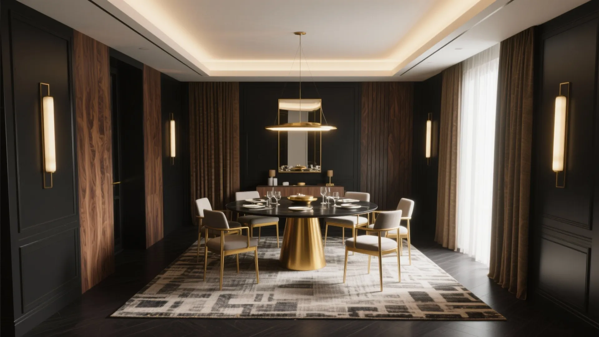 Modern dining room with black round table gold chairs dark wall panels and ceiling light