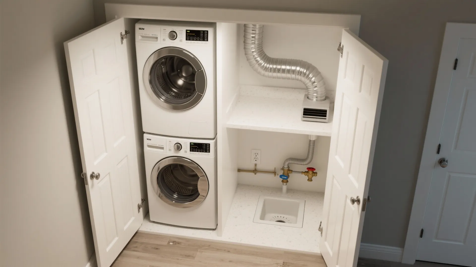 Top-down layout of a code-conscious laundry closet with clearances, drip pan, accessible valves, GFCI, and smooth rigid ducting.