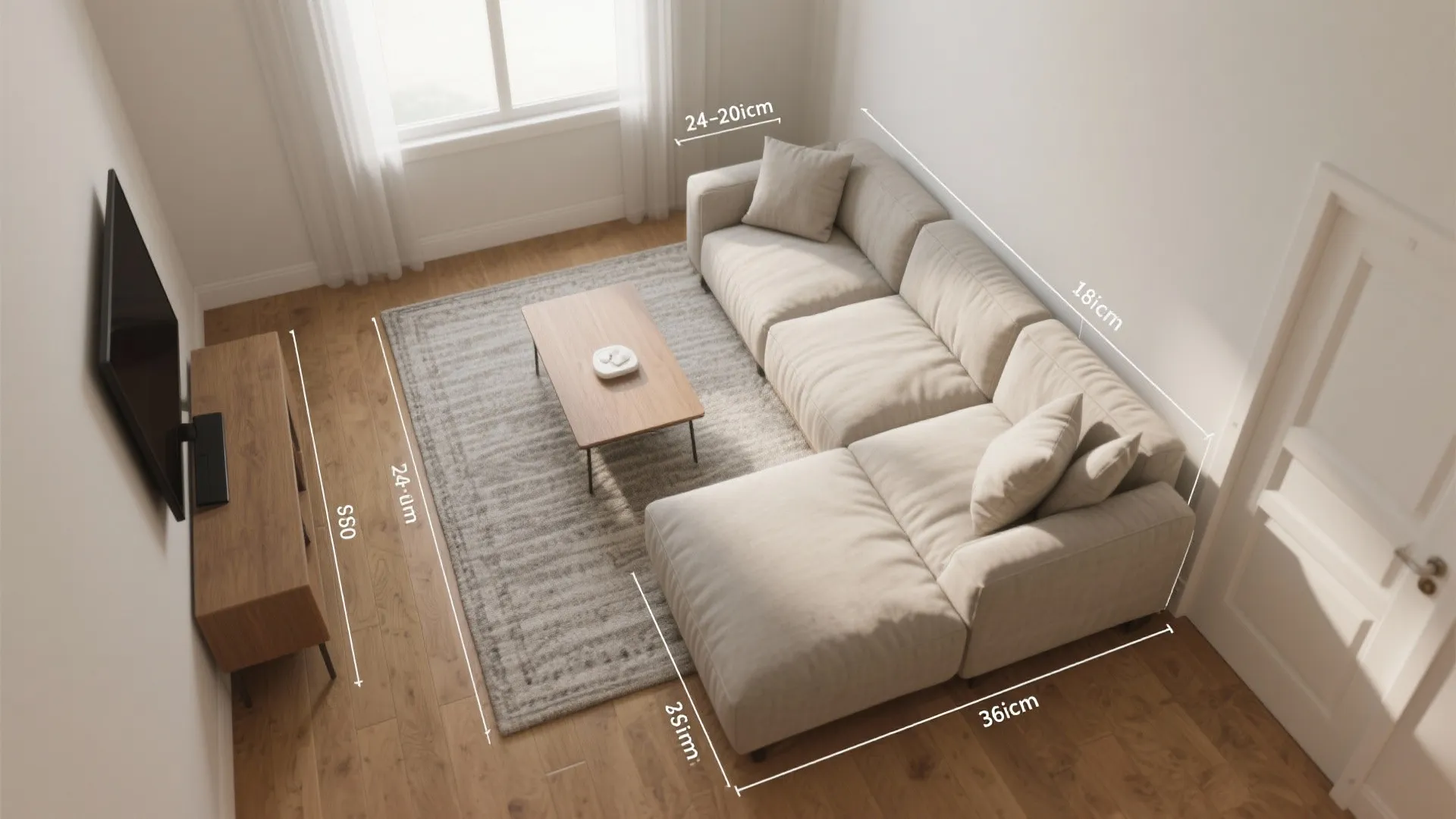 Top view living room layout showing beige sofa wooden table rug and white room measurement lines