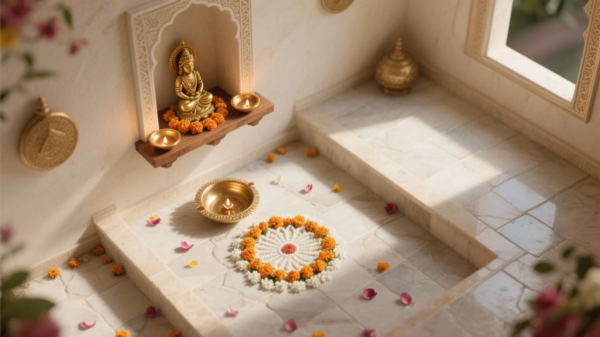 Marble room with small golden statue on wall shelf and flower pattern on the floor