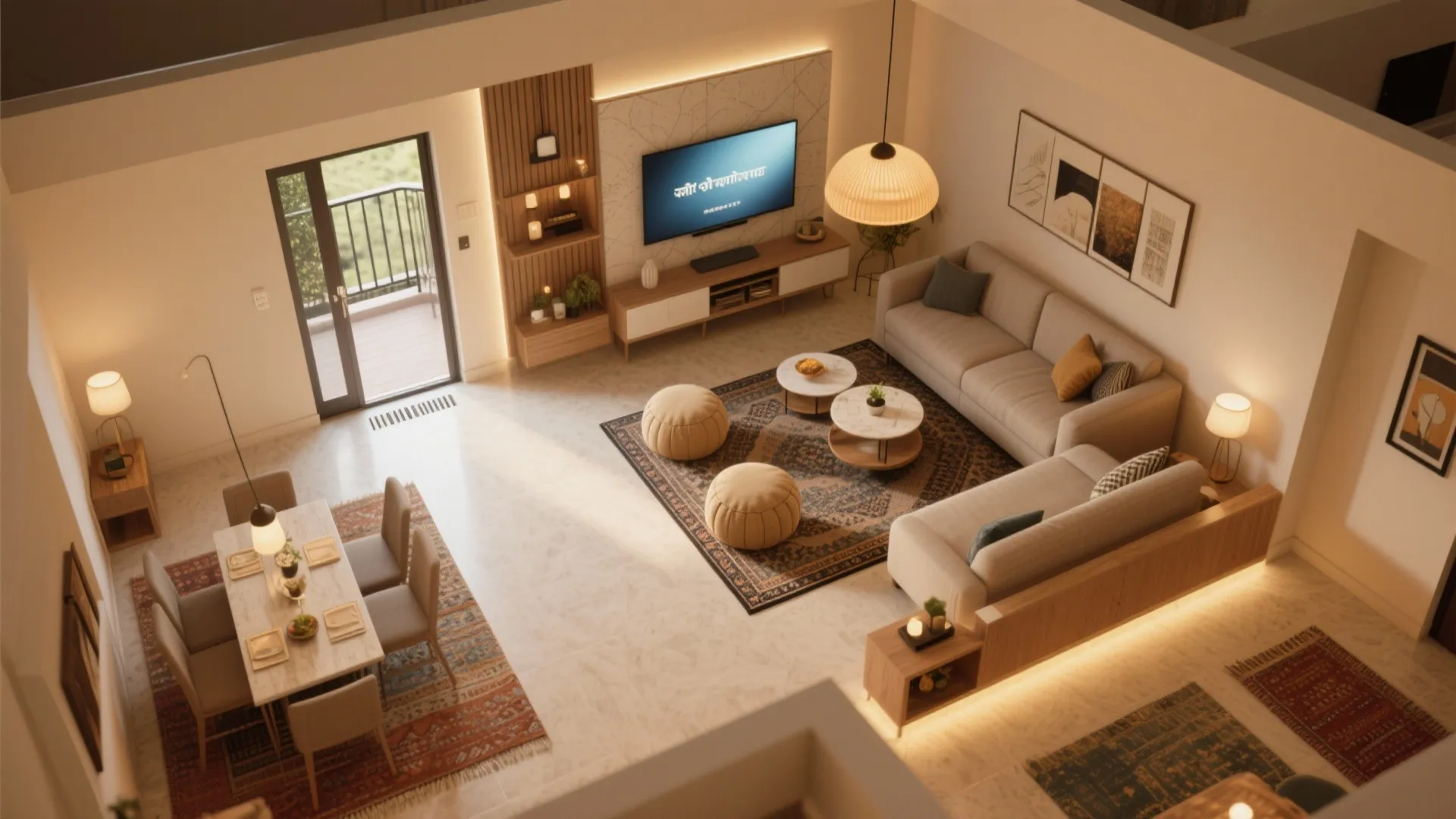 Spacious room layout from above featuring sectional sofa television wall unit and long dining area furniture