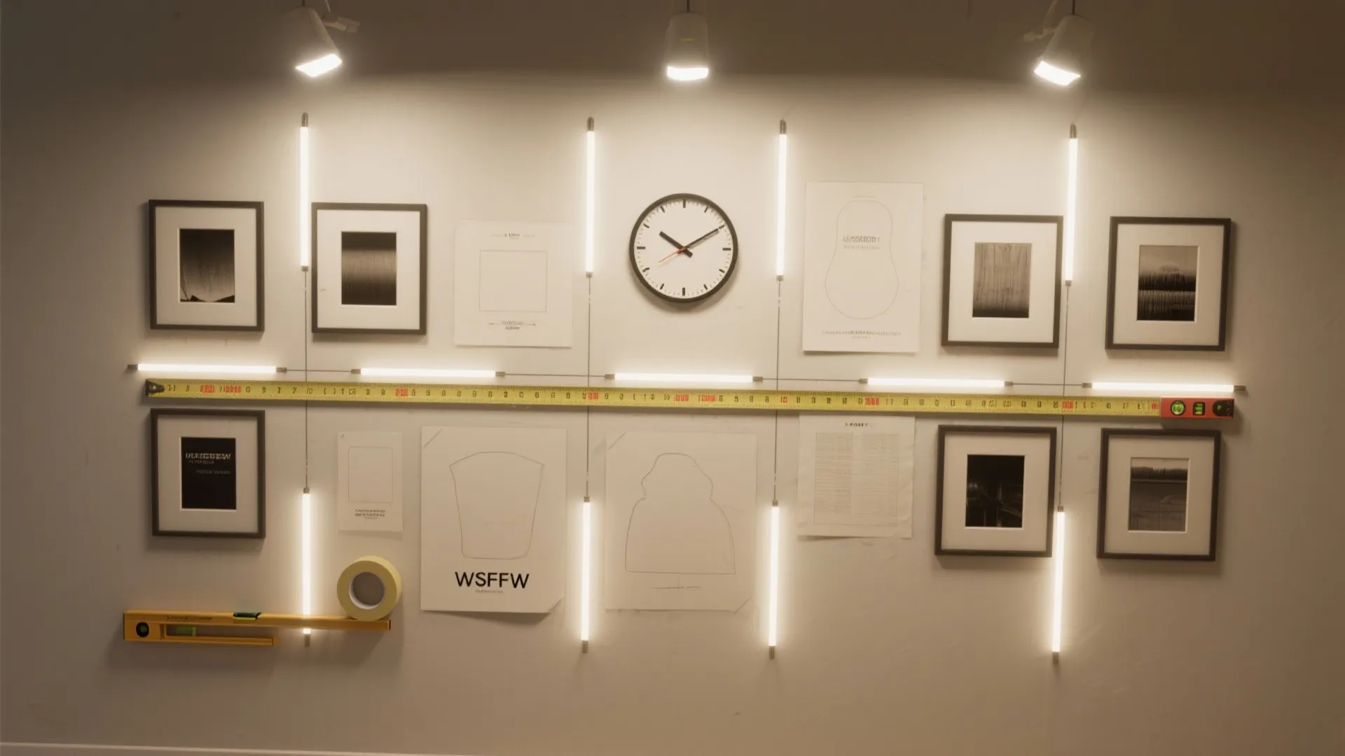 Wall display featuring picture frames round clock sketches yellow measuring tape level tool and ceiling lights