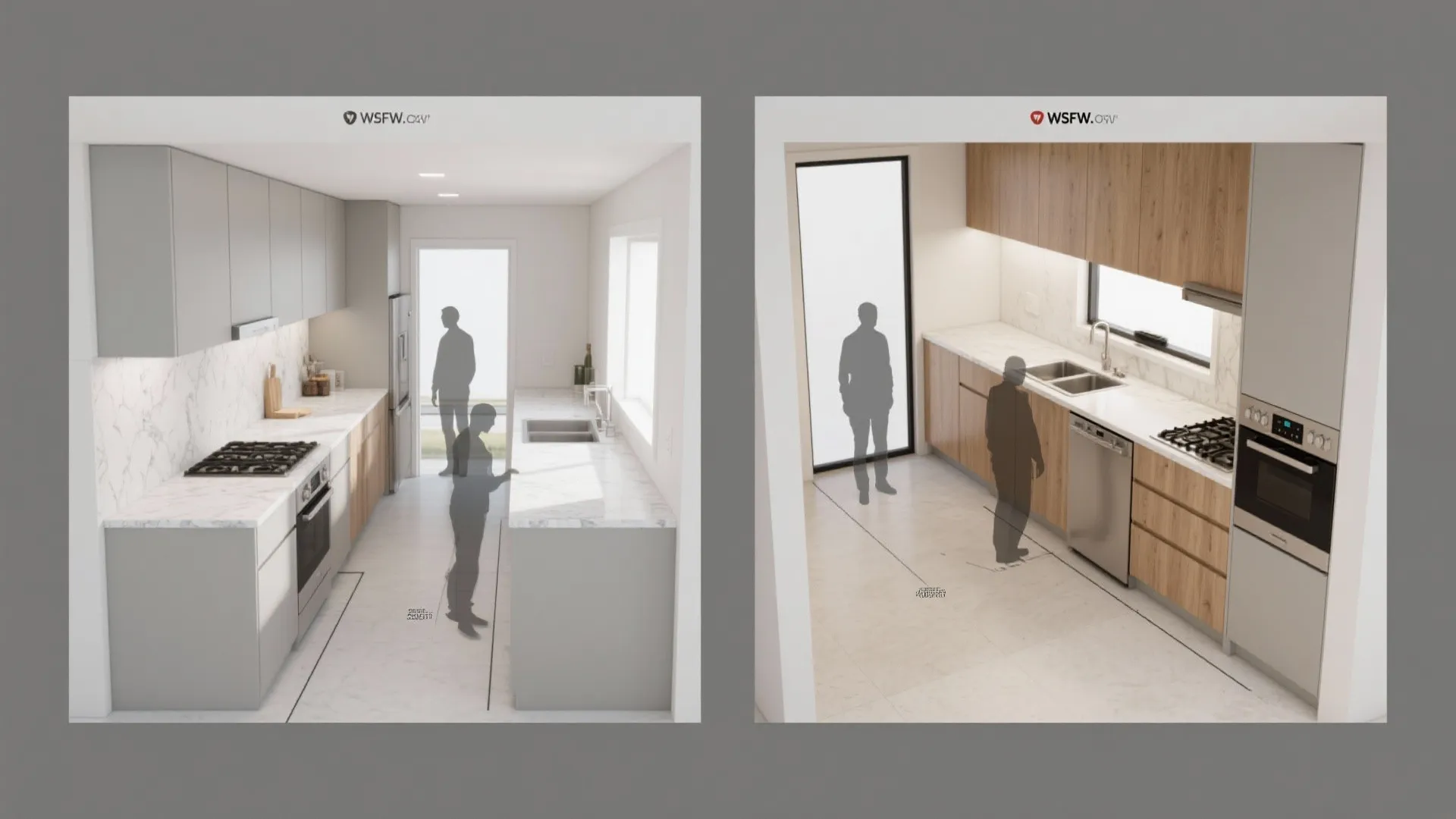 Side by side interior design drawing showing two different kitchen layouts with grey and wood