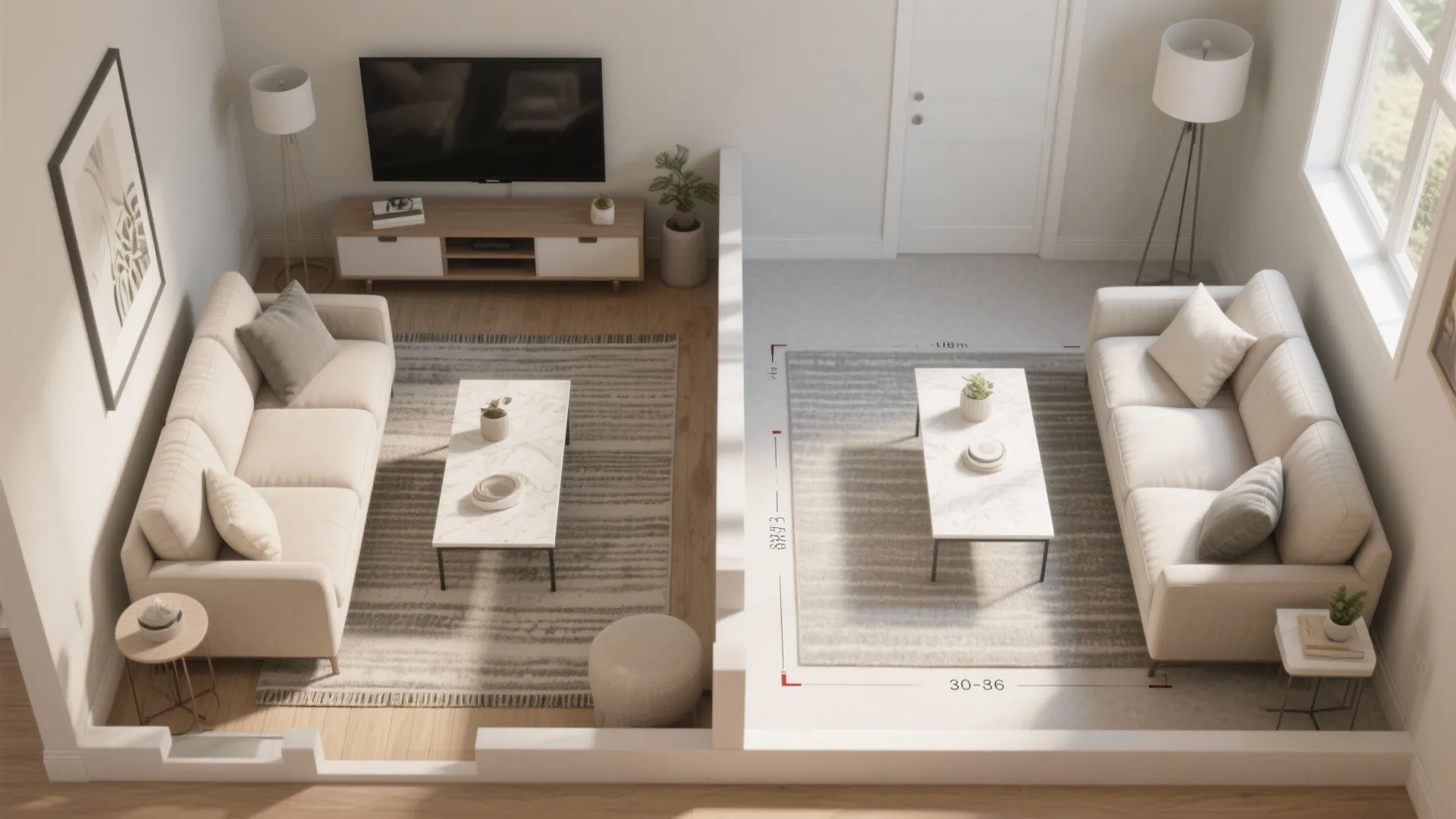 Interior design drawing comparing two living room layouts with sofa coffee table and floor measurements shown