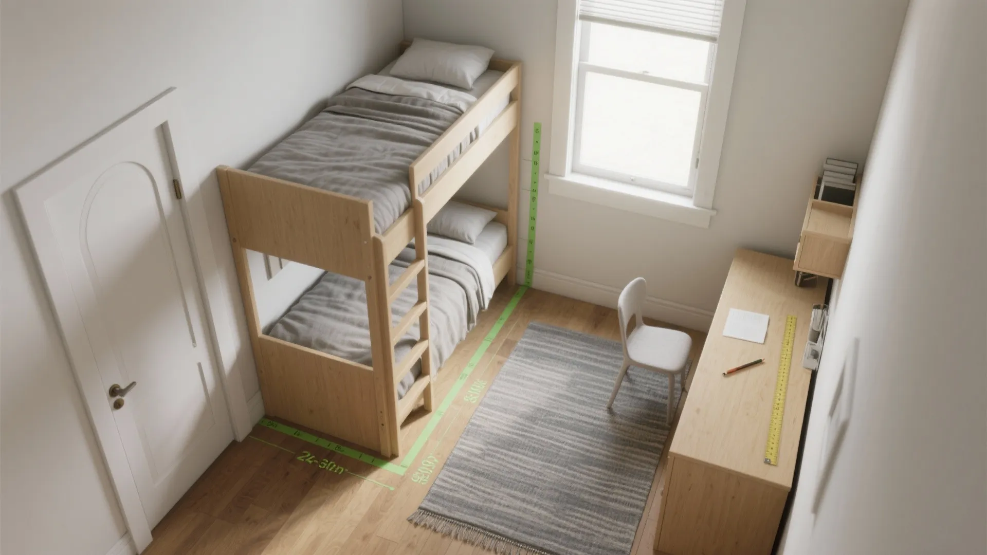 Small bedroom layout with wooden bunk beds desk white chair grey rug and green markings