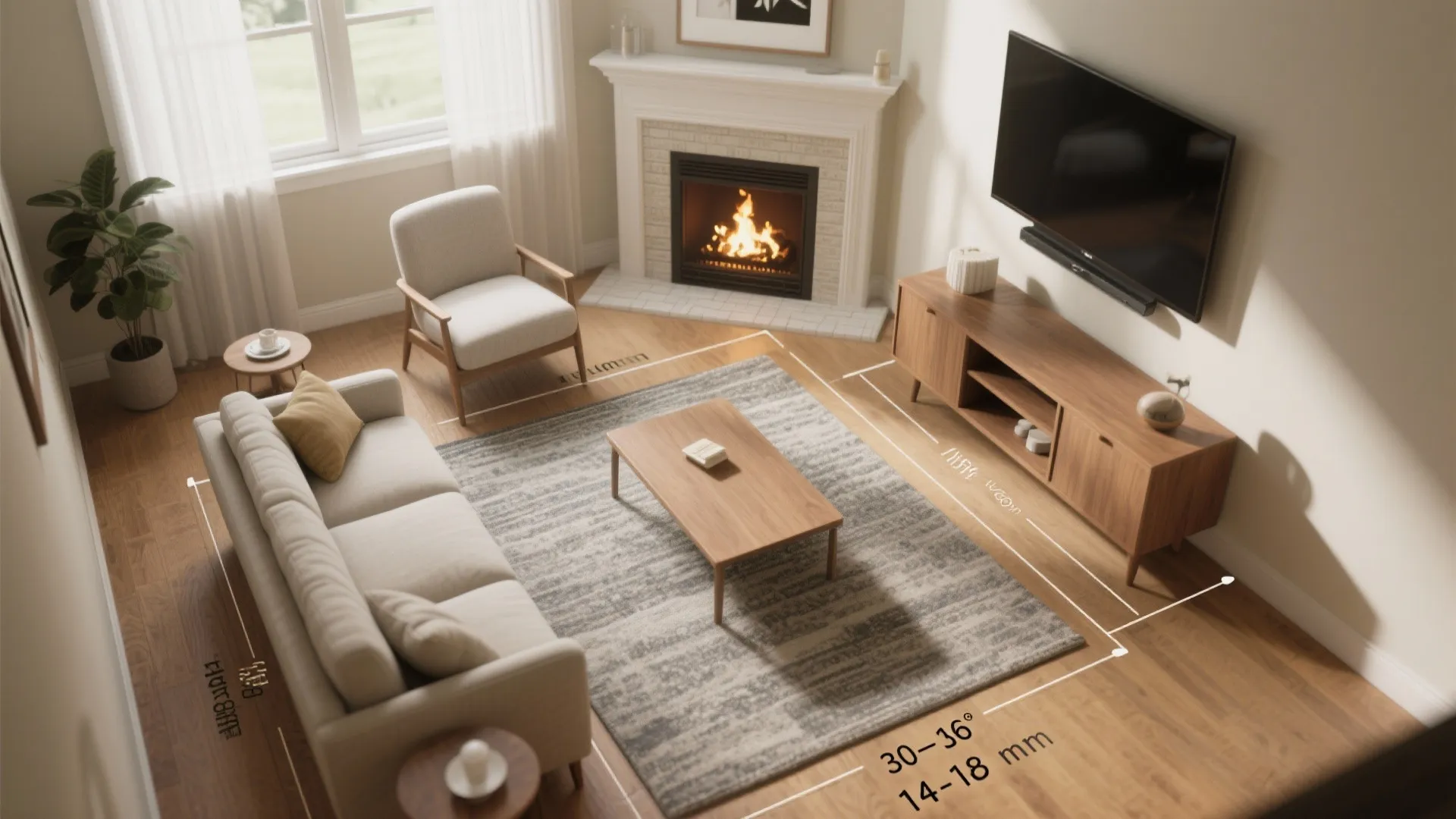 Living room layout plan showing furniture clearance measurements with sofa rug coffee table and wooden cabinet