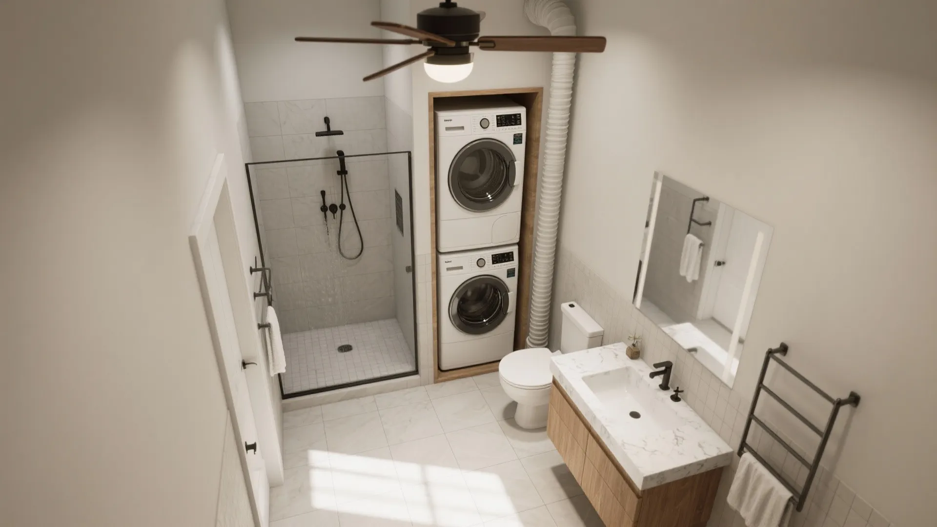 Top view of compact bathroom layout featuring shower area toilet vanity and stacked white laundry machines