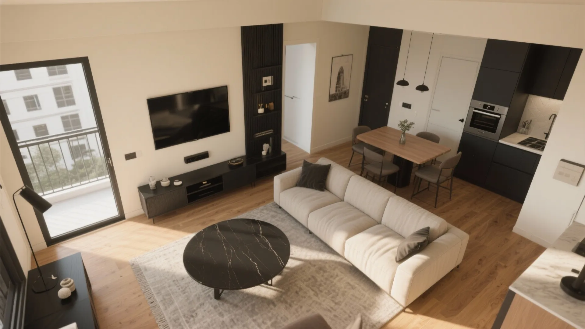 Modern living room with white sofa black coffee table dining table and dark kitchen area
