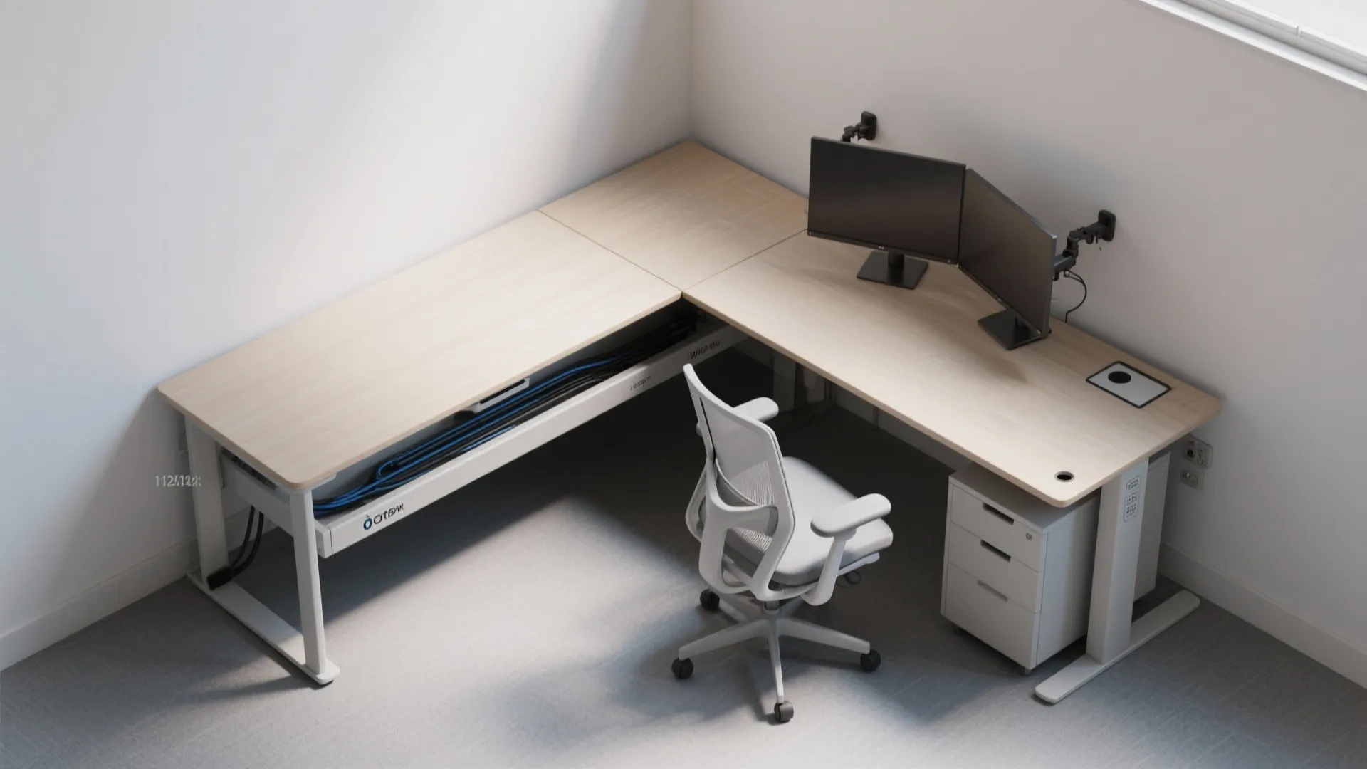 Modern L shaped desk with dual monitors white office chair and a grey storage cabinet