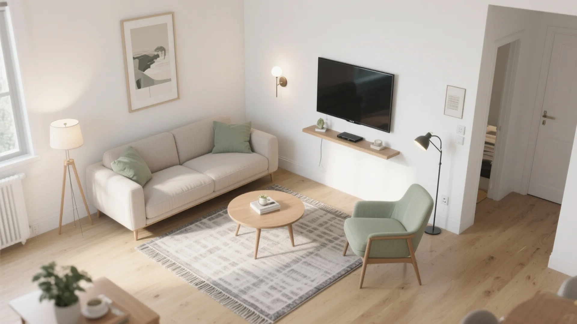 Cozy living room interior featuring beige sofa green armchair round coffee table and wall television
