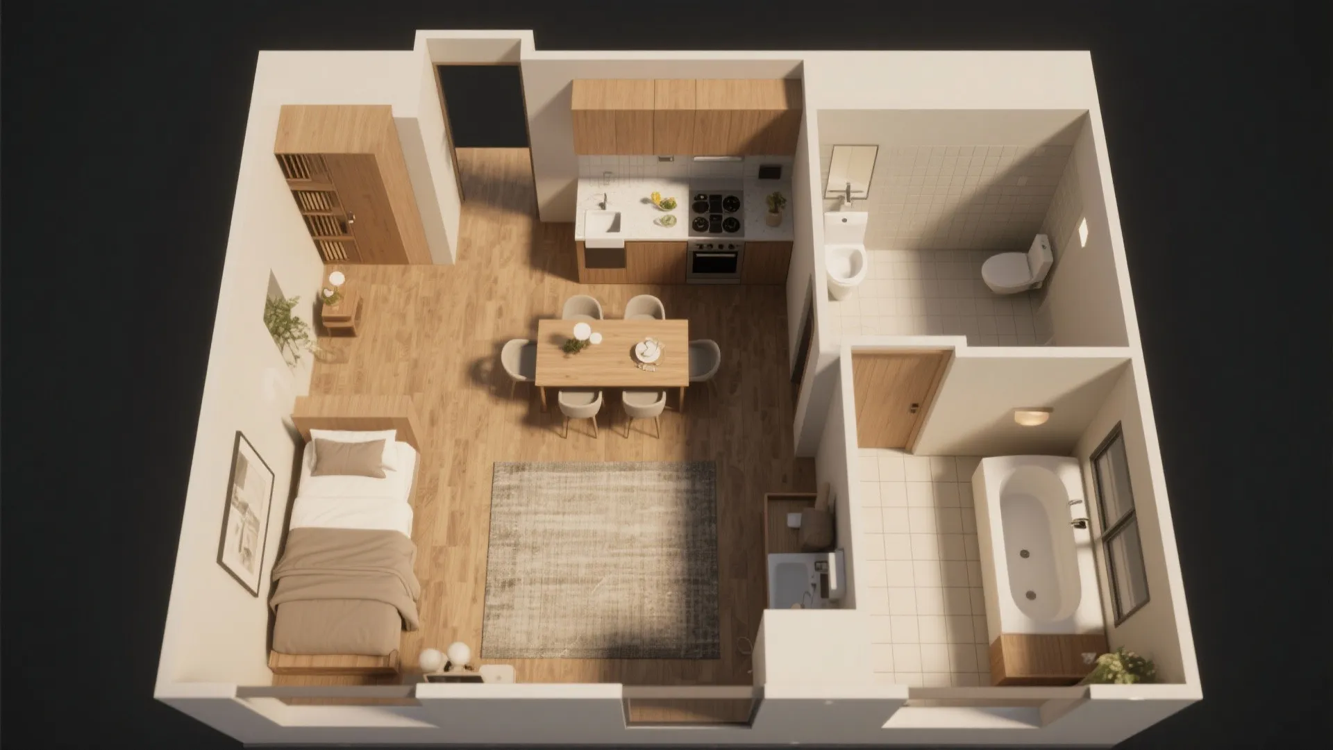 3D interior design drawing of a studio apartment showing kitchen dining area bedroom and bathroom