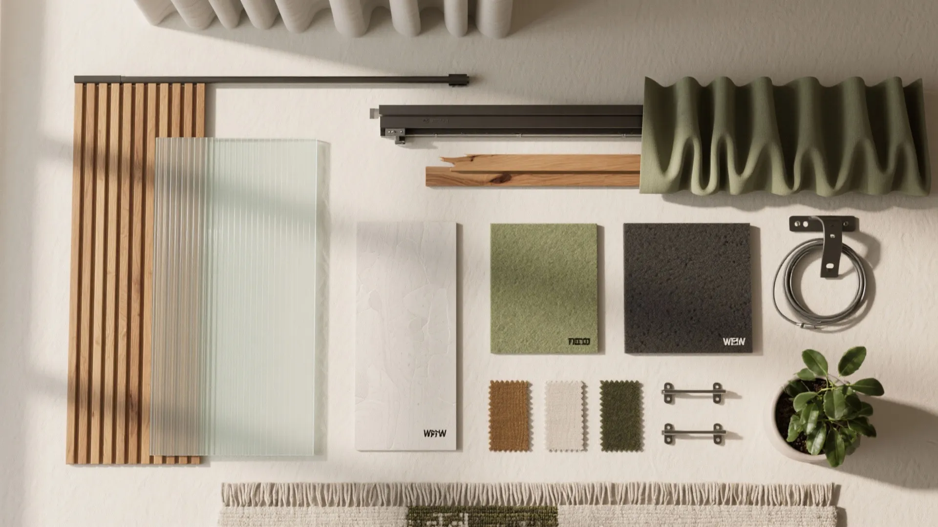 Flat lay of interior design materials including wood panels, glass, green fabric, and small plant
