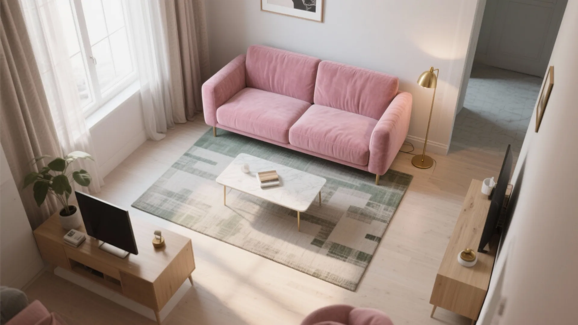Modern living room with pink sofa marble coffee table green rug floor lamp and window