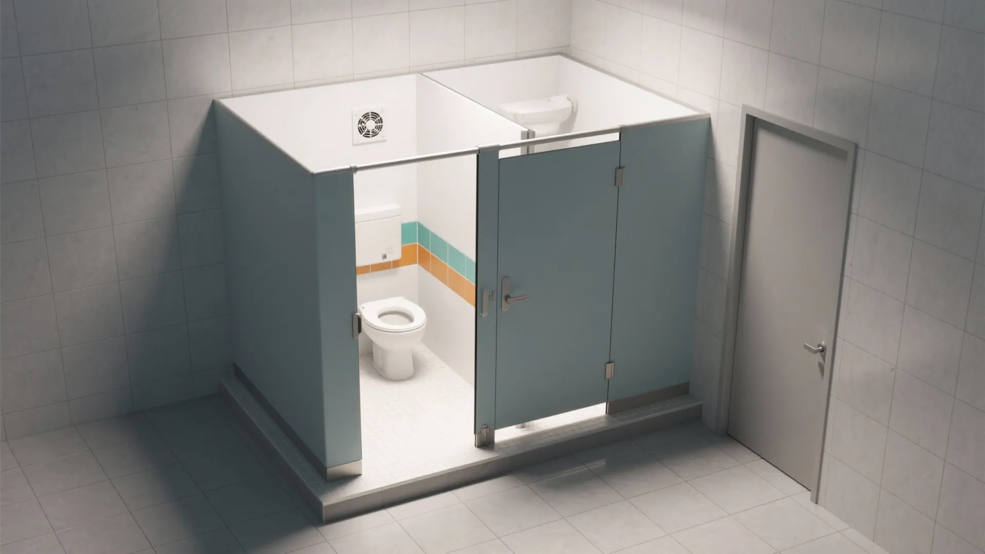 Public bathroom layout with blue cubicles white wall tiles white toilet and a grey door