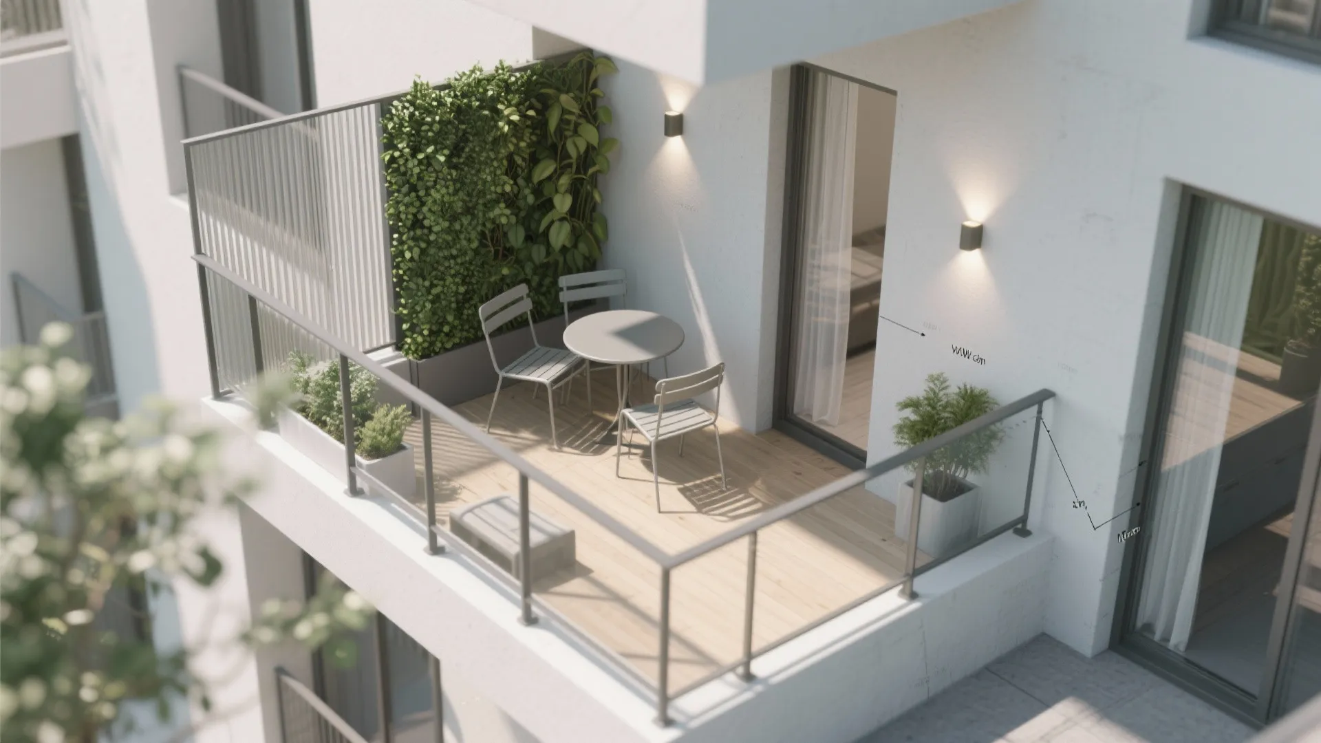 Modern white balcony with small round table chairs green wall plants and wood floor boards