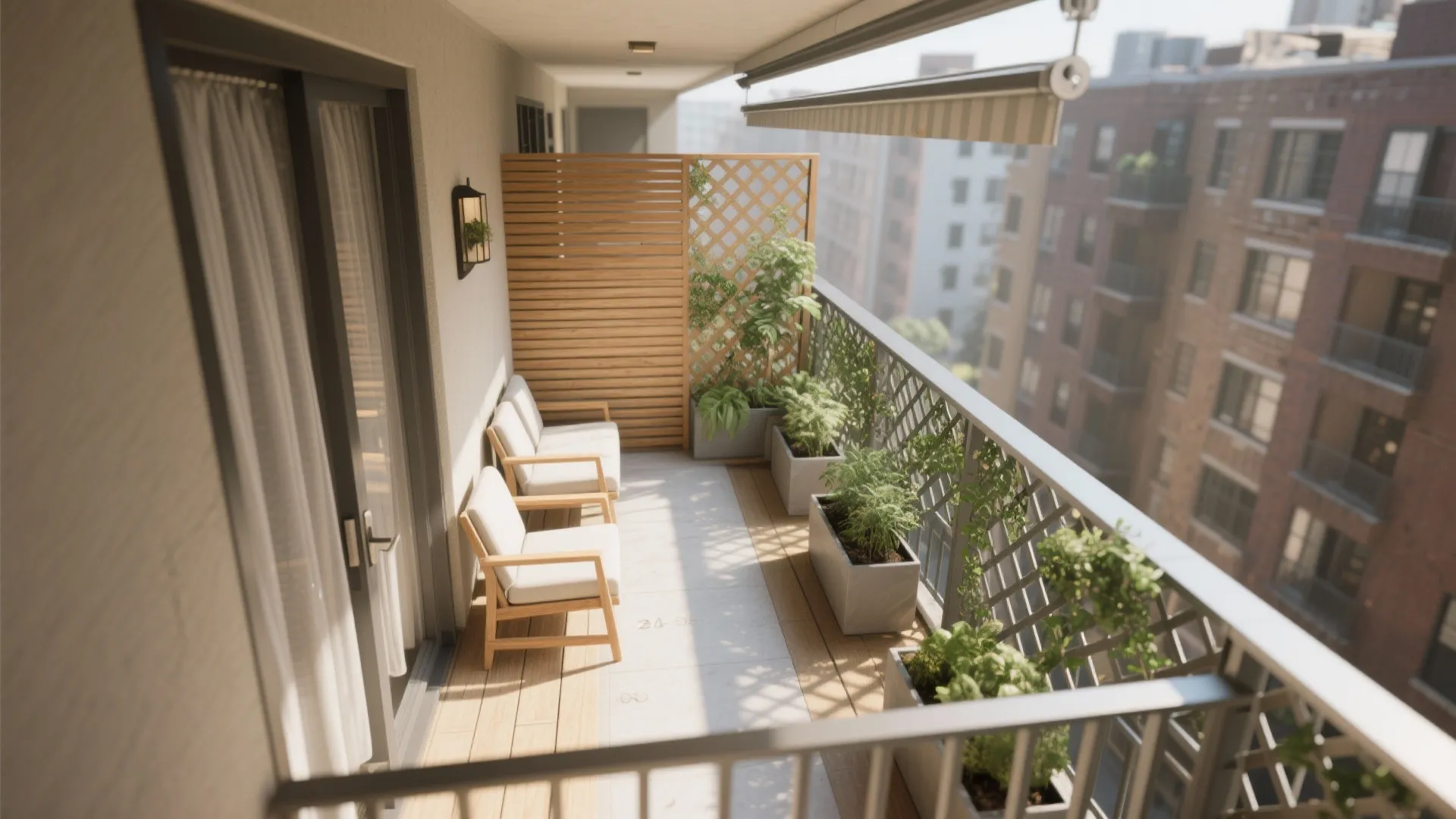Narrow apartment balcony featuring two white chairs, wooden floor, green plants, privacy screen, and striped awning