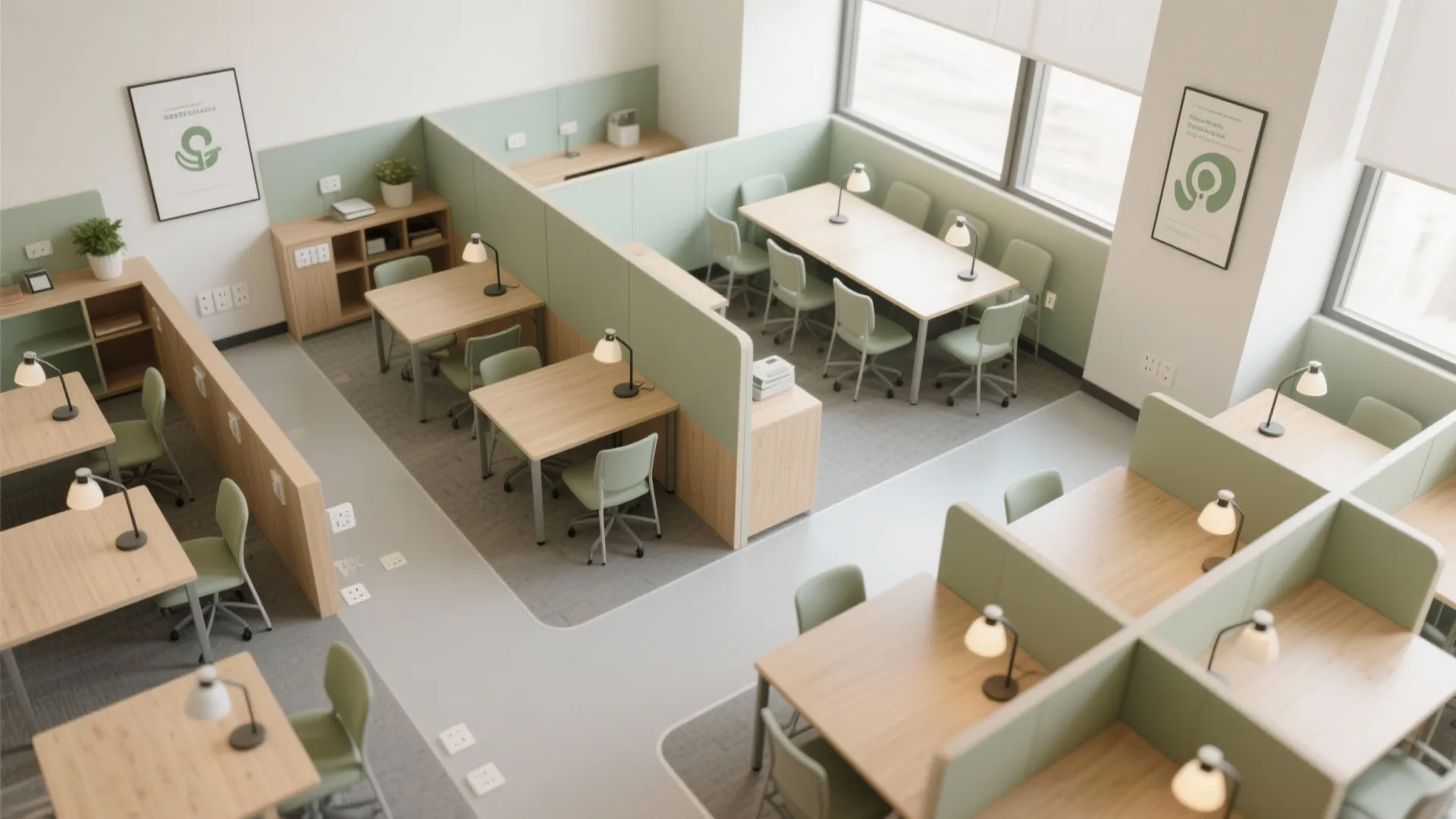 Interior design drawing showing office room layout with wooden desks green chairs partitions and desk lamps