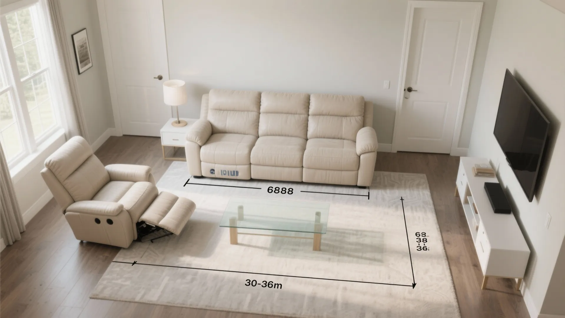 Living room layout showing dimensions for a beige sofa recliner chair and large area rug