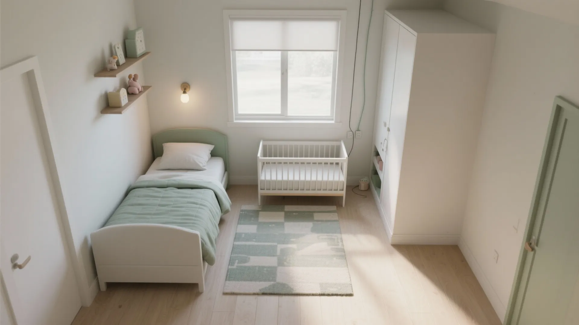 Small bedroom layout with white bed green blanket wooden crib tall white cabinet and window