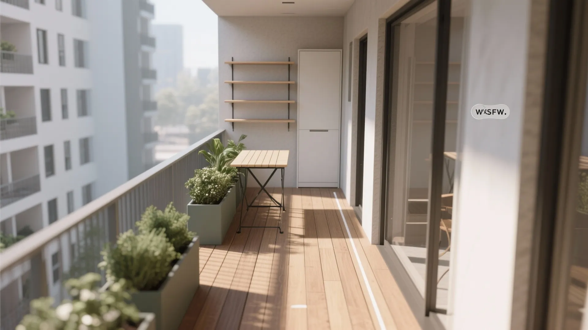 Top-down plan of a long narrow balcony zoning shelves, a fold-down table, and a slim cabinet with a clear walkway.