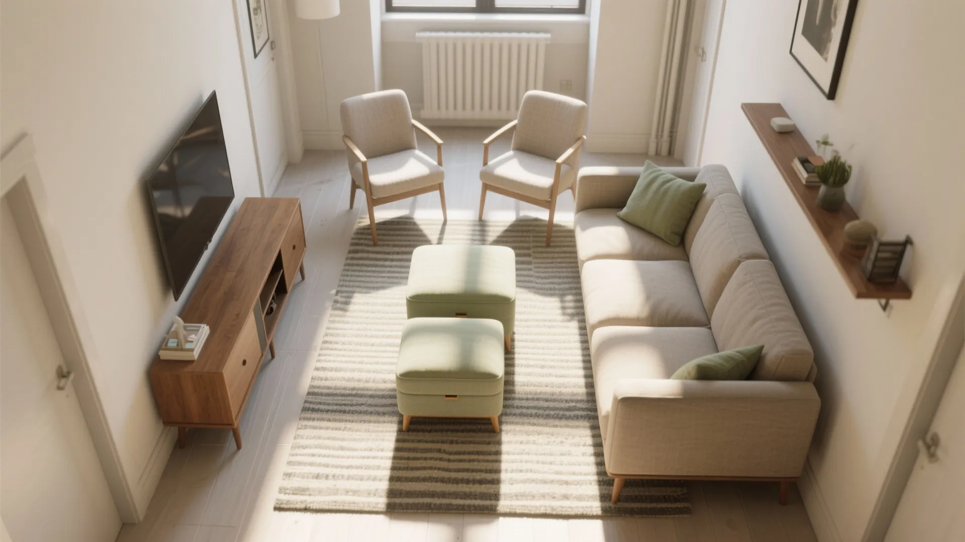 Top-down layout of a narrow living room showing sofa, armless chairs, rug, and clear walkways.