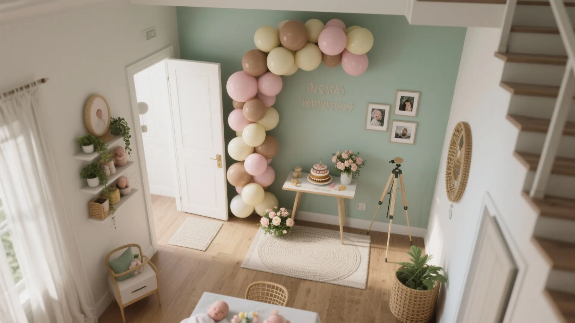Entryway decorated with colorful balloon arch cake on table flowers and white door for party celebration