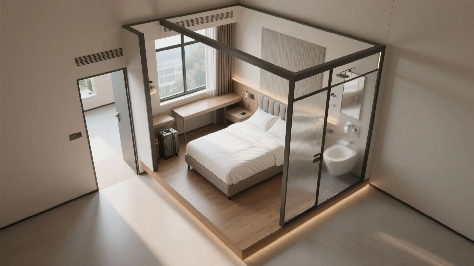 Modern bedroom interior design drawing with white bed wood floor desk and glass enclosed bathroom