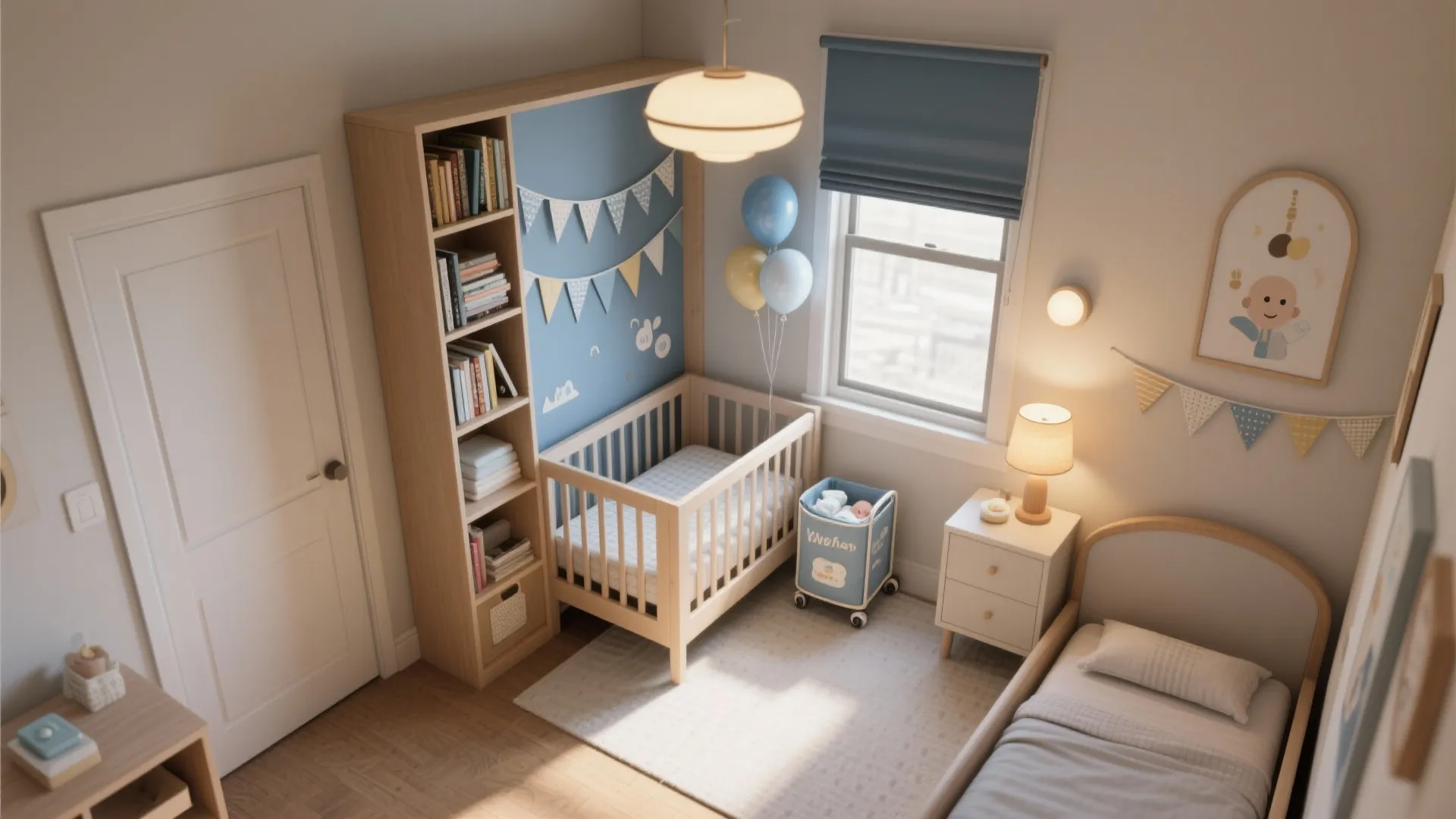 Cozy nursery with wooden crib, tall bookshelf, blue balloons, ceiling light, bed, and white walls