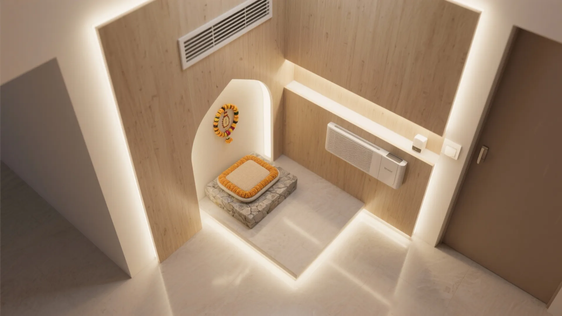 Top view of a small room with light wood walls stone platform and soft warm lighting