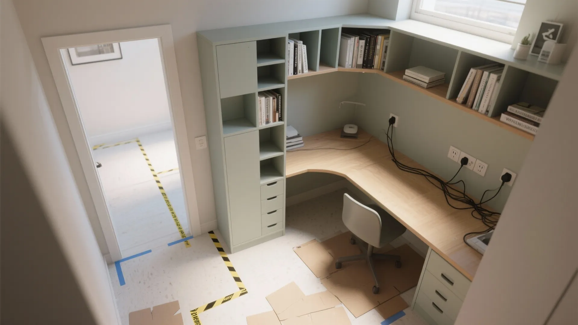 Small green corner desk with wooden top bookshelf grey chair and tape on white floor