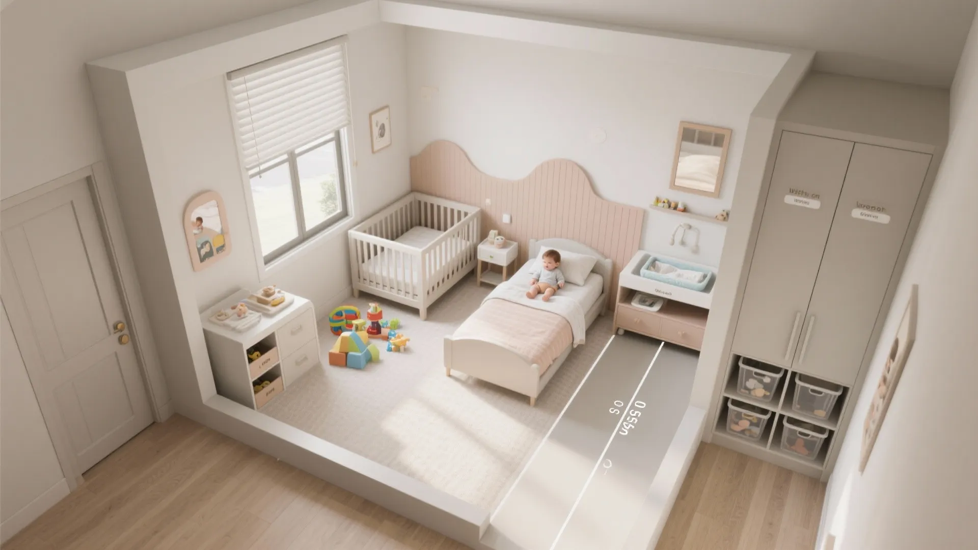 Top-down layout showing sleep wall, changing station, play strip, walkway, and anchored storage in a small nursery.