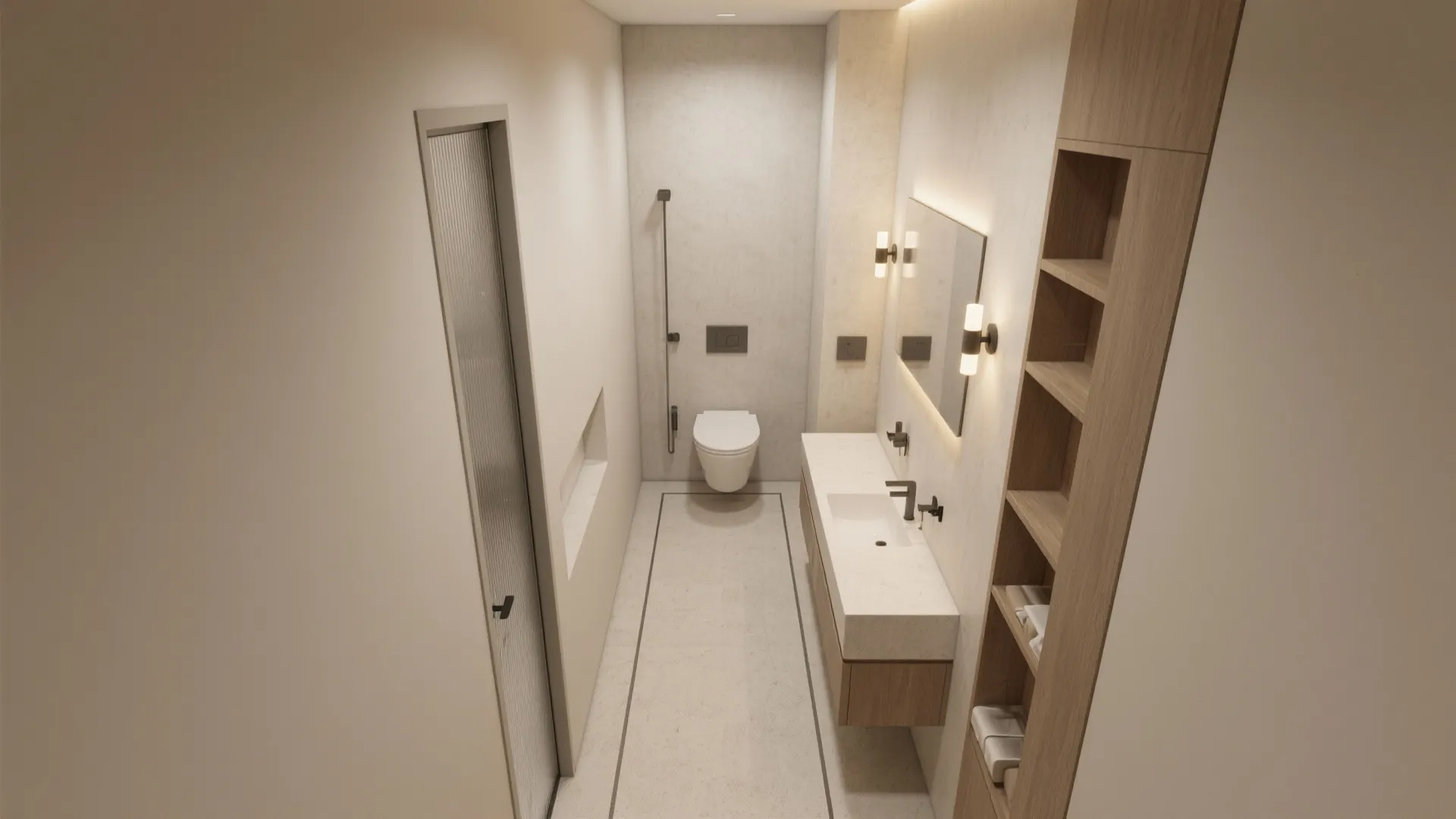 Modern narrow bathroom with white toilet wooden shelves white sink cabinet mirror and wall lights