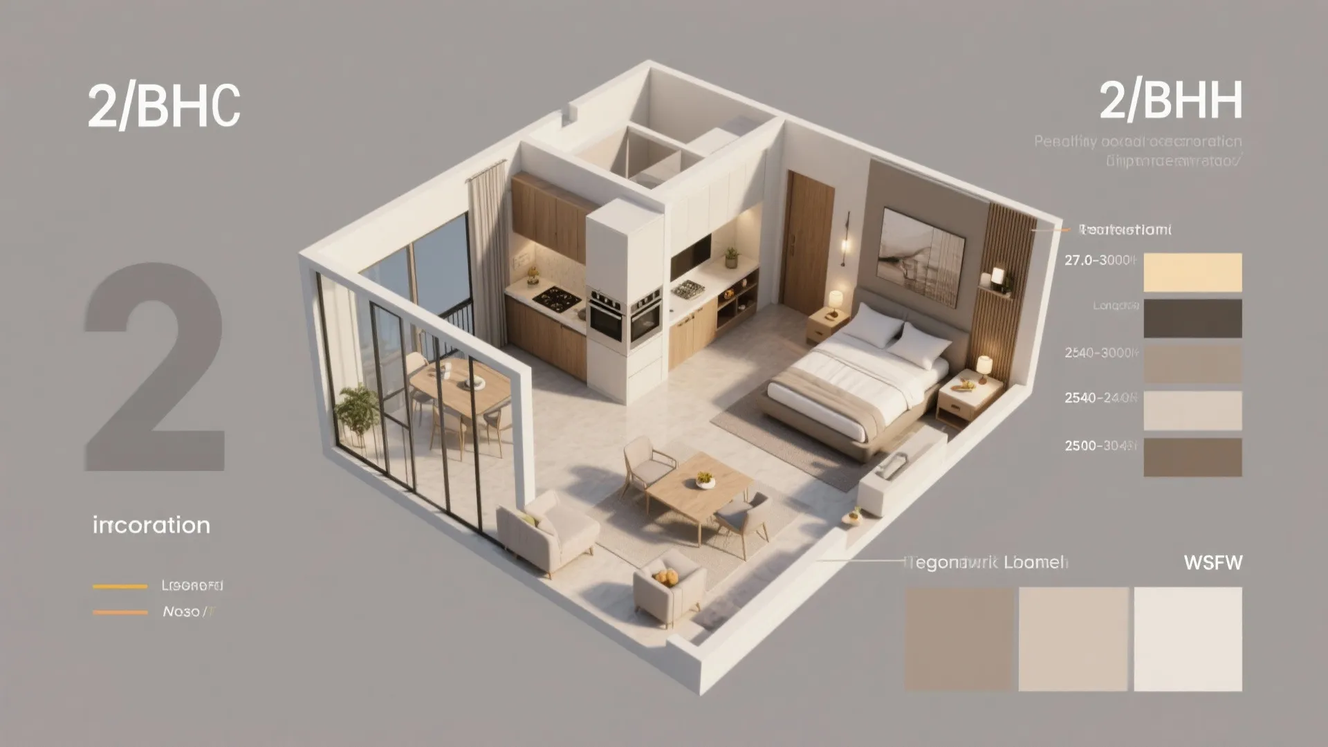 Interior design drawing showing a three dimensional apartment layout with bedroom kitchen and living area