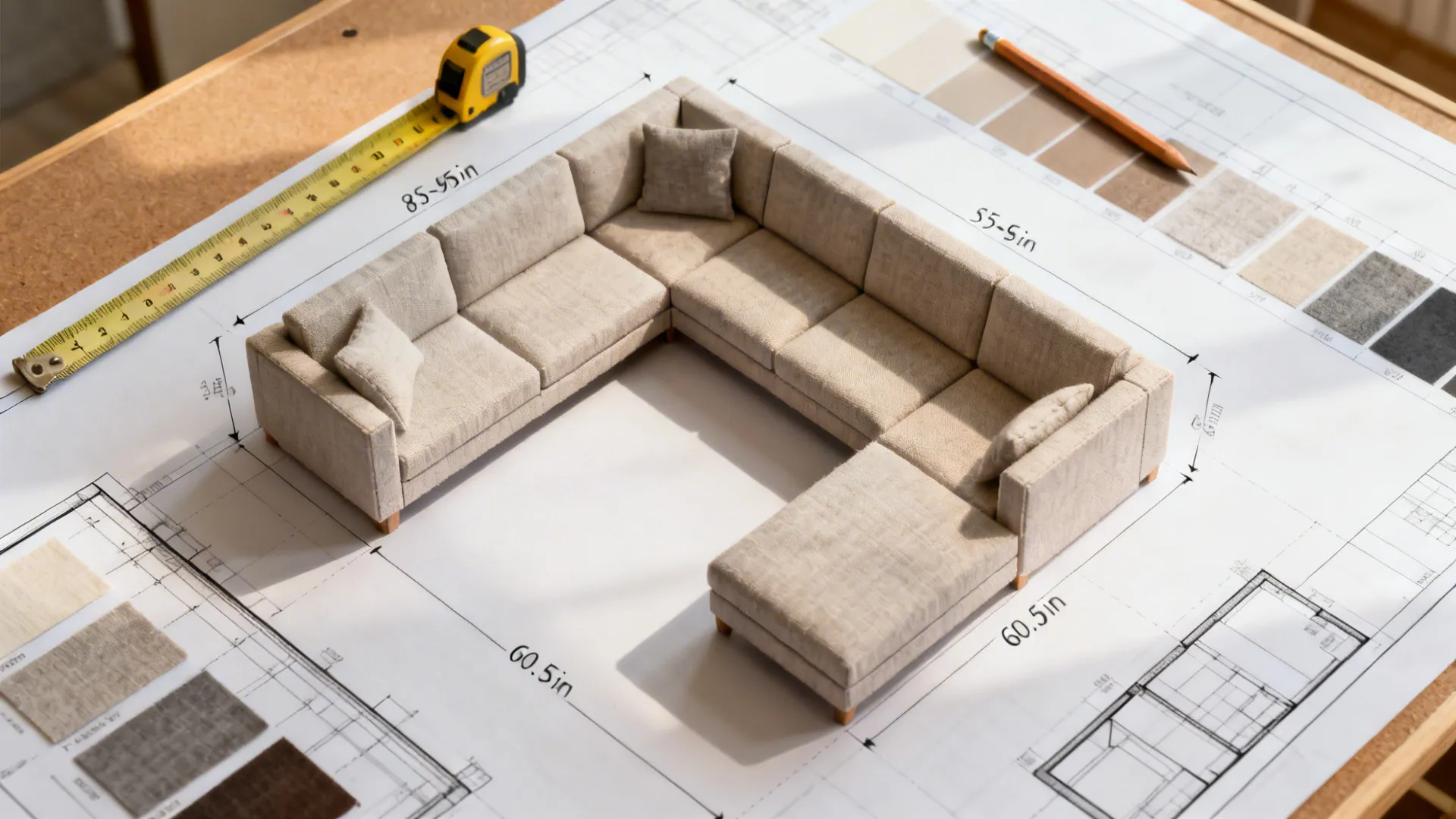 Top-down planning board showing scaled L sofa blocks and circulation spacing for small rooms.