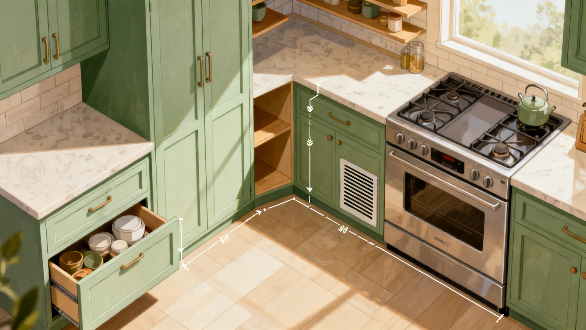 Top-down view summarizing pantry, drawers, corner trays, open shelves, and appliance garage