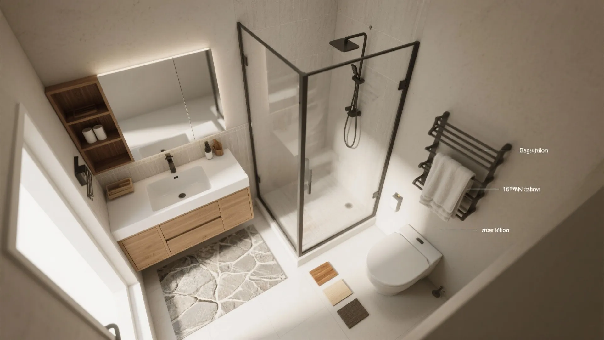 Top down interior design drawing of small bathroom featuring shower area toilet sink and mirror