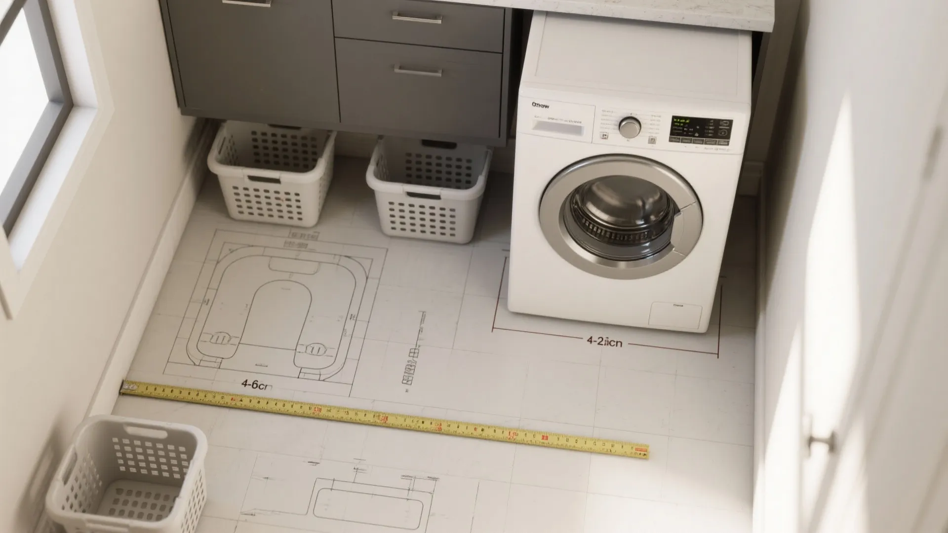 Top view of a laundry room layout design showing washing machine and floor measurement lines