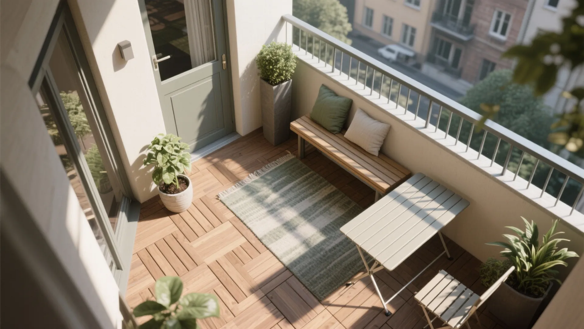 Top view of a small balcony with wooden flooring and a green rug under furniture
