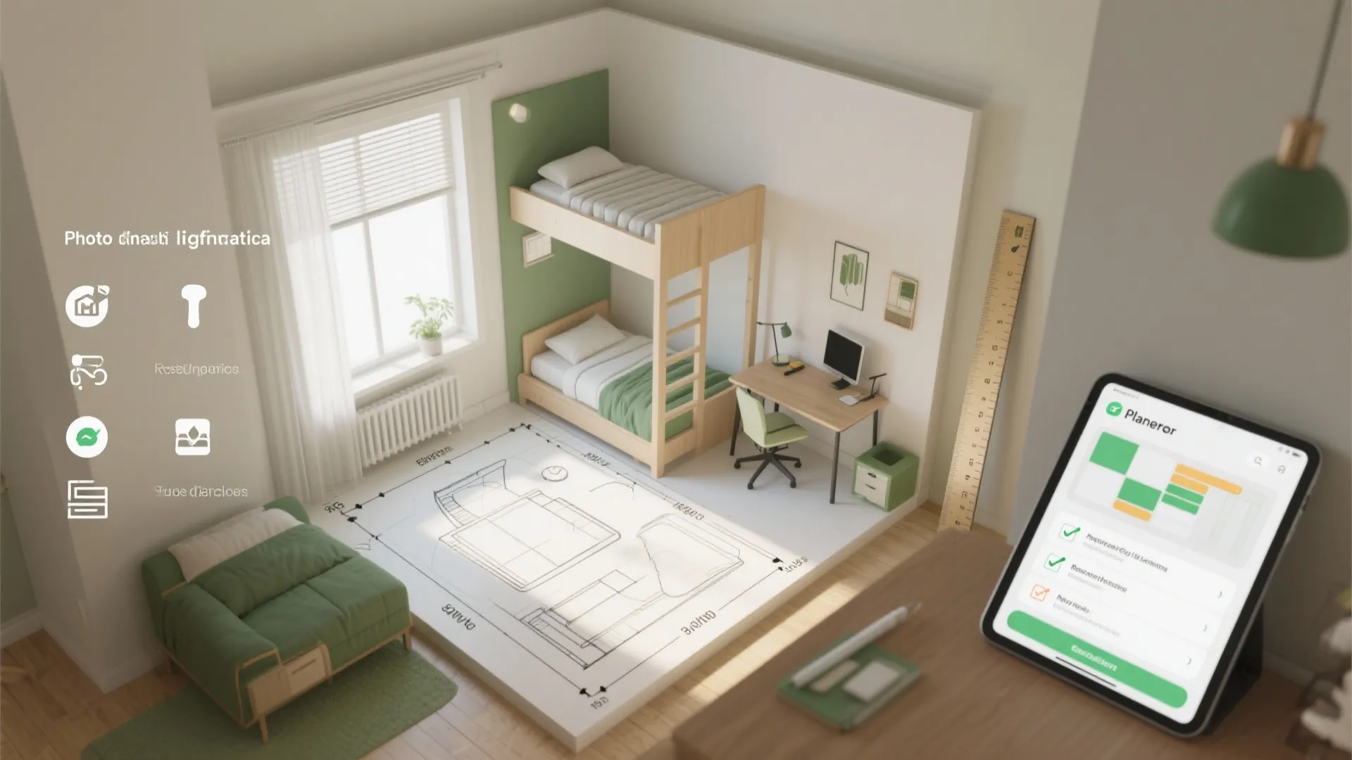 3D room layout design showing a bunk bed and desk next to a digital tablet