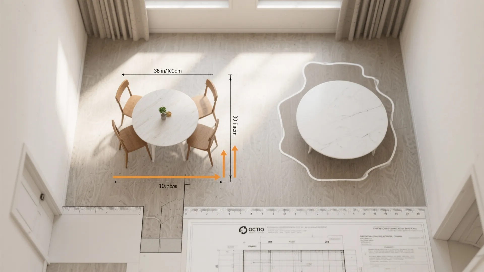 Top down room layout showing dining table measurements and white marble table on wood floor