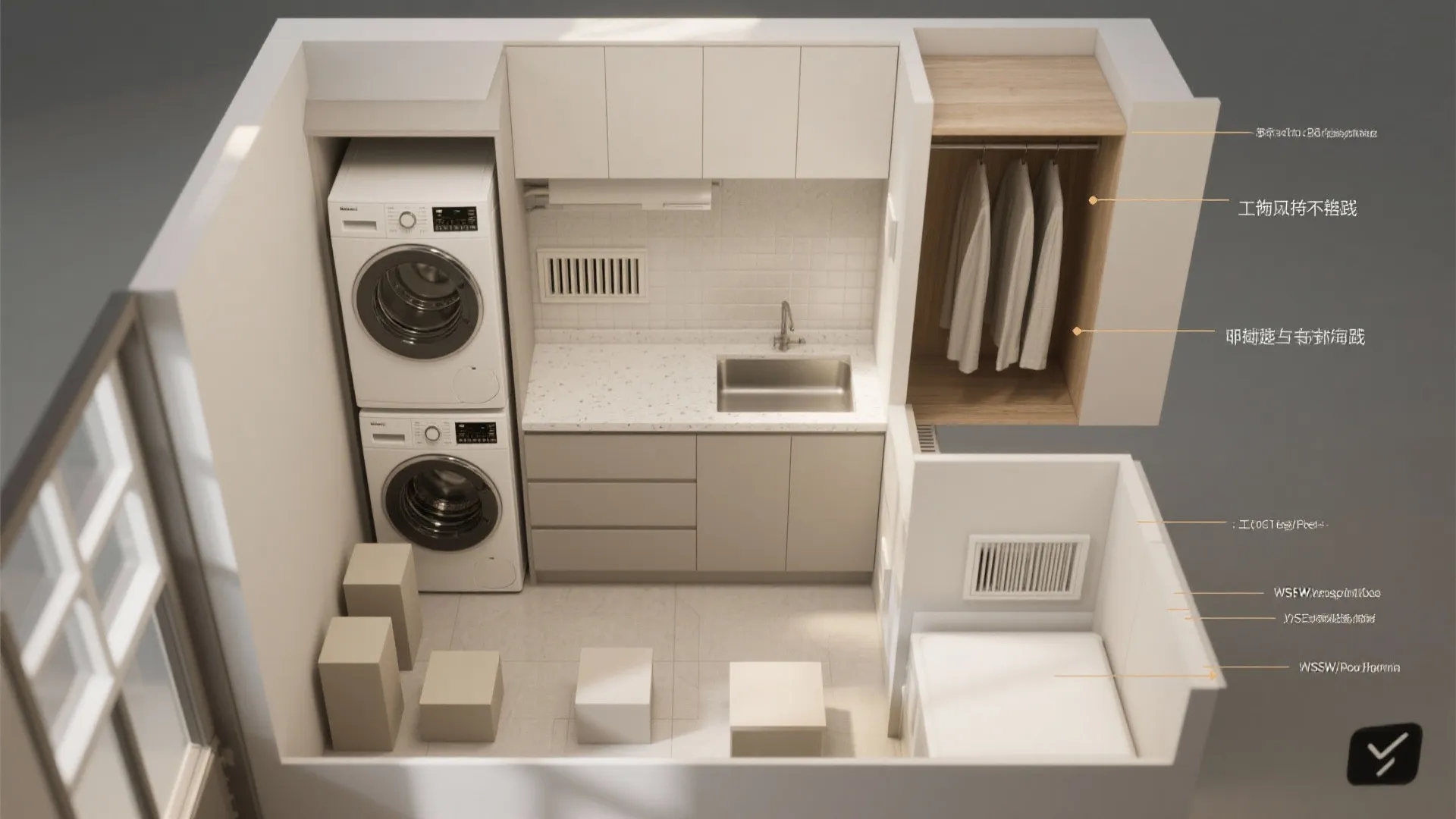 Interior design drawing showing laundry room layout with washing machine dryer sink and closet storage