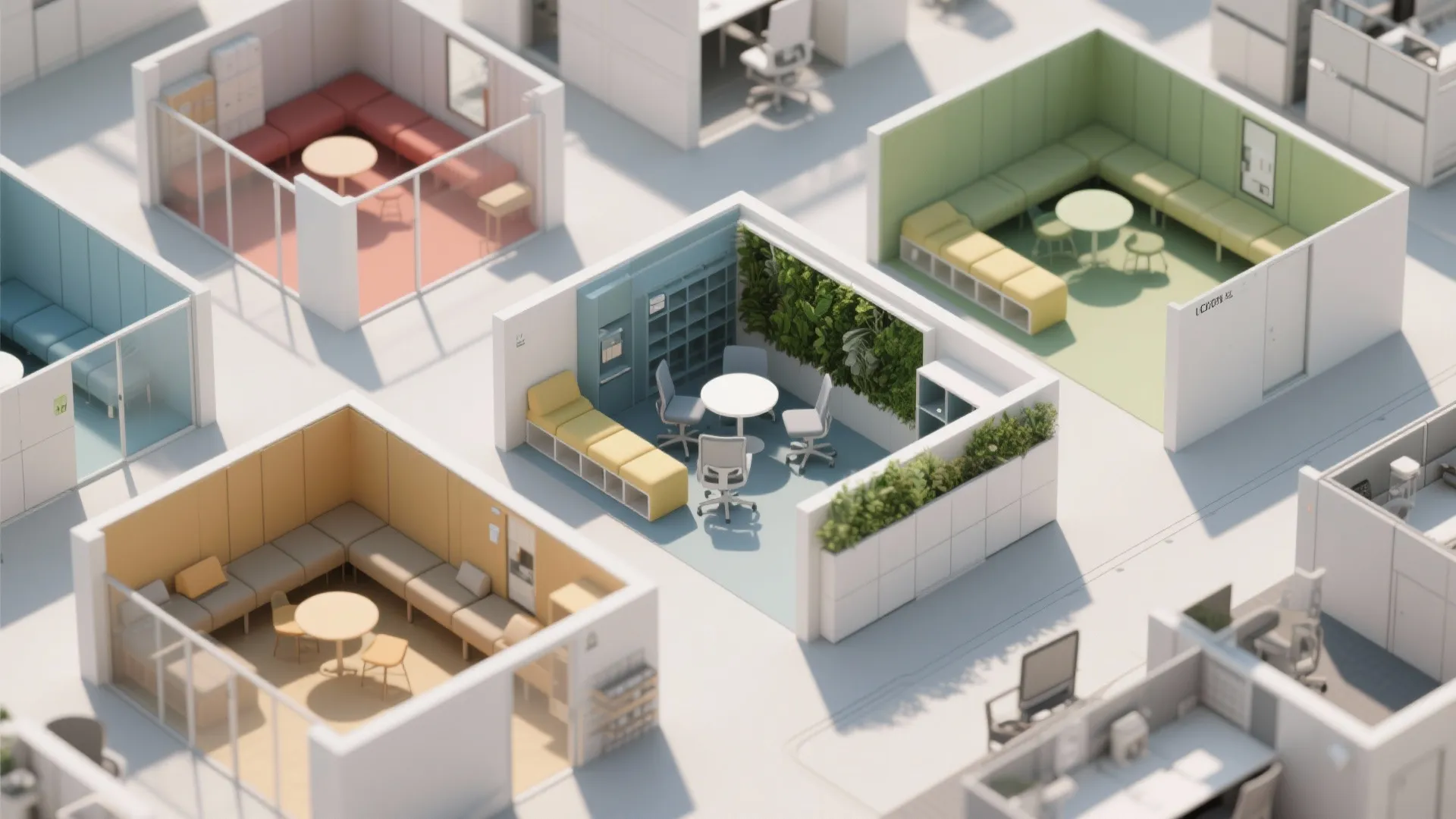 Interior design drawing showing various office room layout options with colorful furniture and green plants